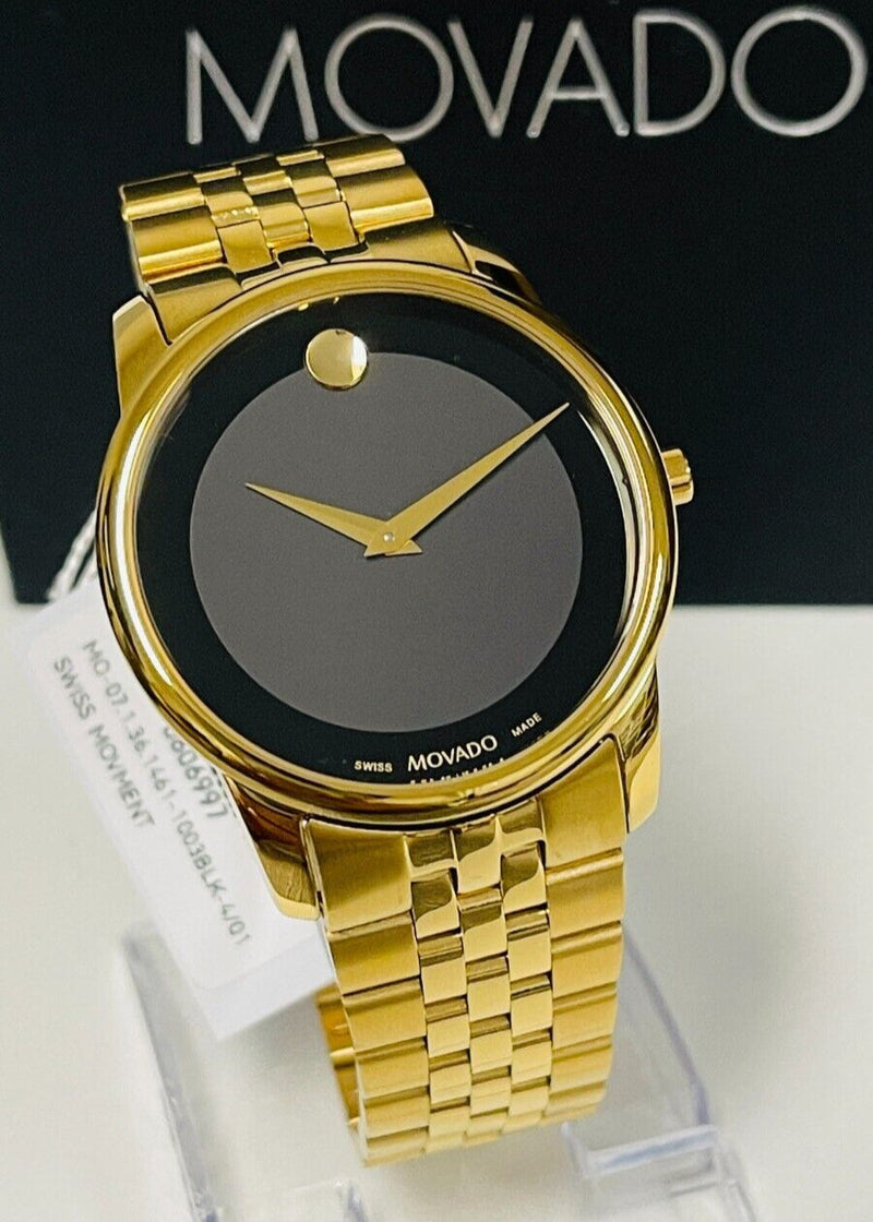 Movado Museum Black Dial Gold Steel Strap Watch For Men - 606997 Buy Now By Movado