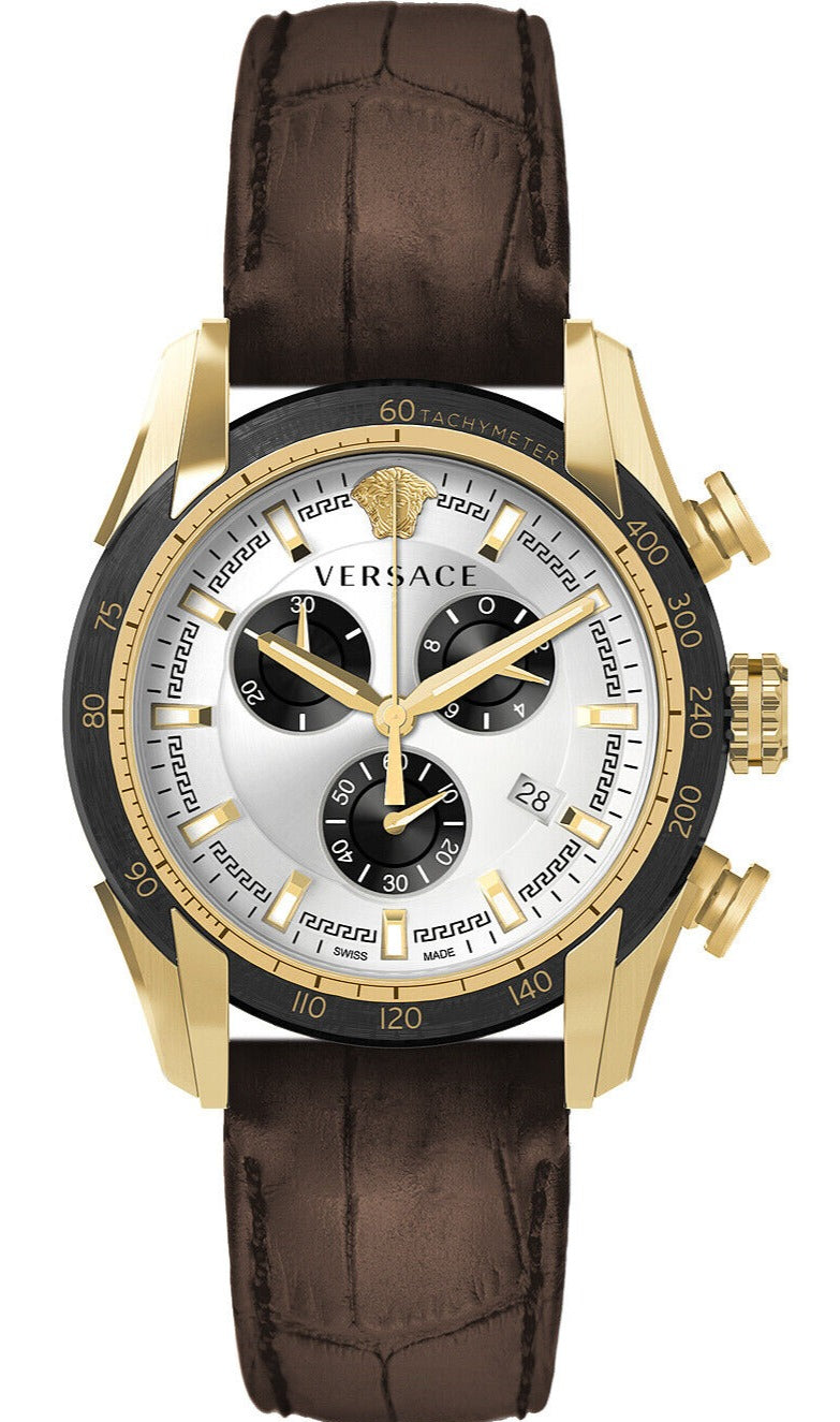 Versace V-Ray Chronograph Quartz White Dial Brown Leather Strap Watch For Men - VE2I00221 Buy Now By Versace