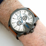 Shop Diesel Mega Chief White Dial Brown Leather Strap Watch For Men - DZ4280 in USA