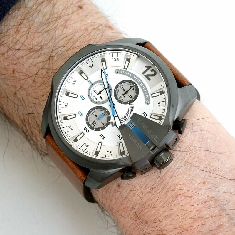 Shop Diesel Mega Chief White Dial Brown Leather Strap Watch For Men - DZ4280 in USA