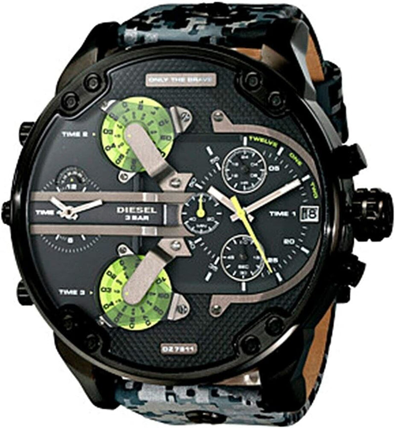 Shop Diesel Big Daddy Chronograph Black Dial Black Leather Strap Watch For Men - DZ7311 in USA