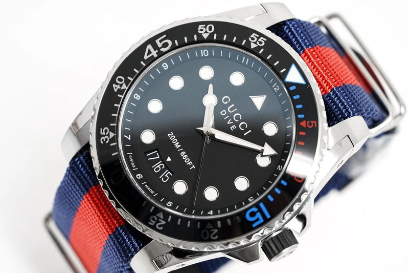 Shop Gucci Dive Black Dial Red & Blue Nylon Strap Watch For Men - YA136210 in USA