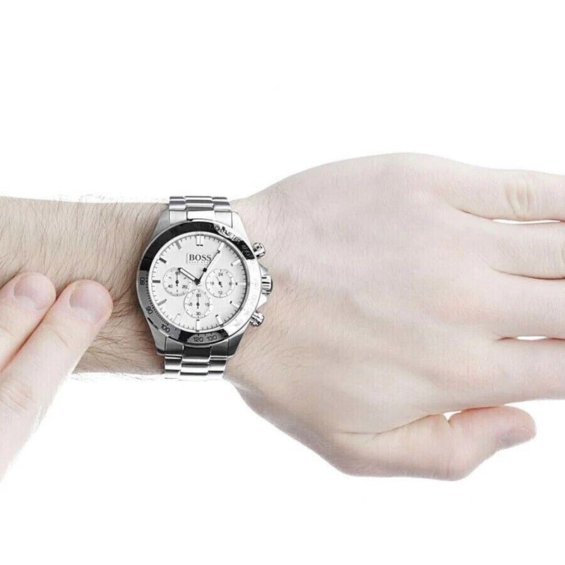 Hugo Boss Ikon Chronograph White Dial Silver Steel Strap Watch for Men - 1512962