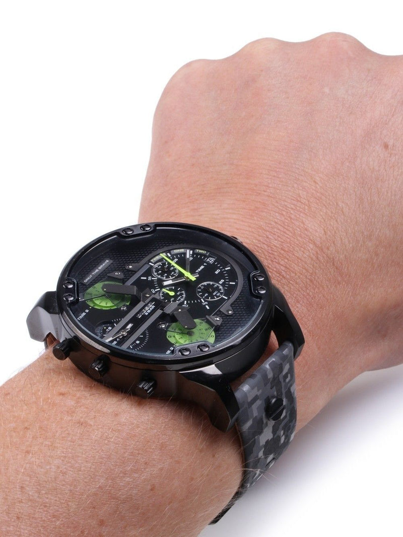 Shop Diesel Big Daddy Chronograph Black Dial Black Leather Strap Watch For Men - DZ7311 in USA