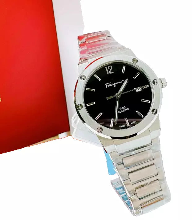 Shop Salvatore Ferragamo F-80 Classic Black Dial Silver Steel Strap Watch for Men - SFDT00239 in USA