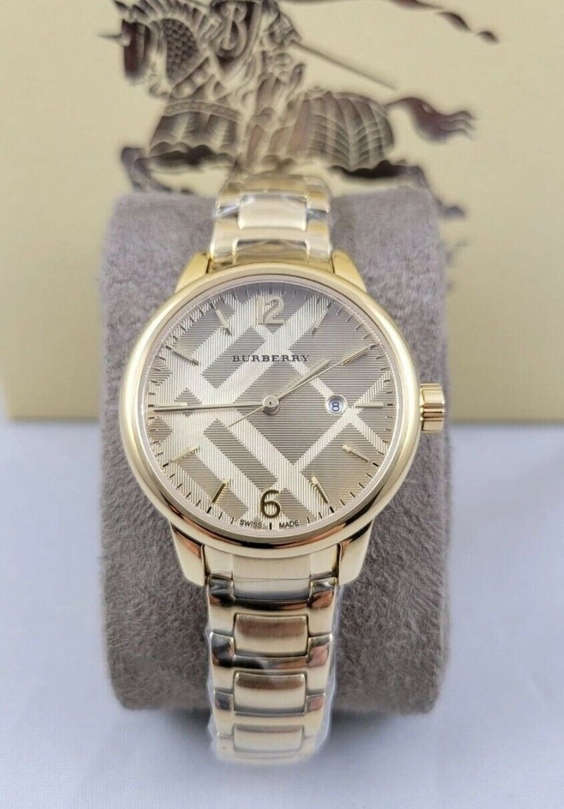 Shop Burberry The Classic Champagne Dial Gold Steel Strap Watch for Women - BU10109 in USA