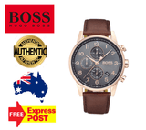 Hugo Boss Navigator Chronograph Grey Dial Brown Leather Strap Watch for Men - 1513496