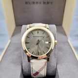 Burberry The City Gold Dial Haymarket Brown Leather Strap Watch for Women - BU9026