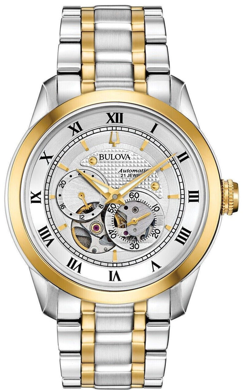Bulova BVA Skeleton Silver Dial Two Tone Steel Strap Watch for Men - 98A230 Buy Now By Bulova