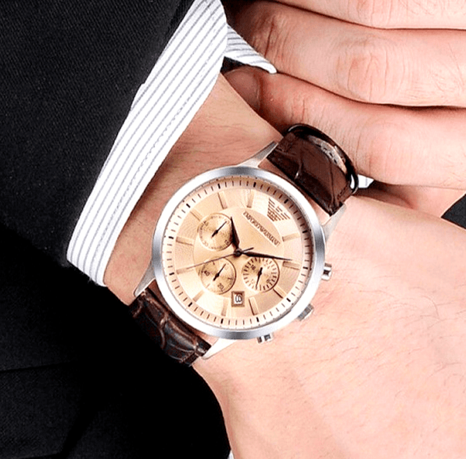 Emporio Armani Classic Chronograph Beige Dial Brown Leather Strap Watch For Men - AR2433 Buy Now By Emporio Armani