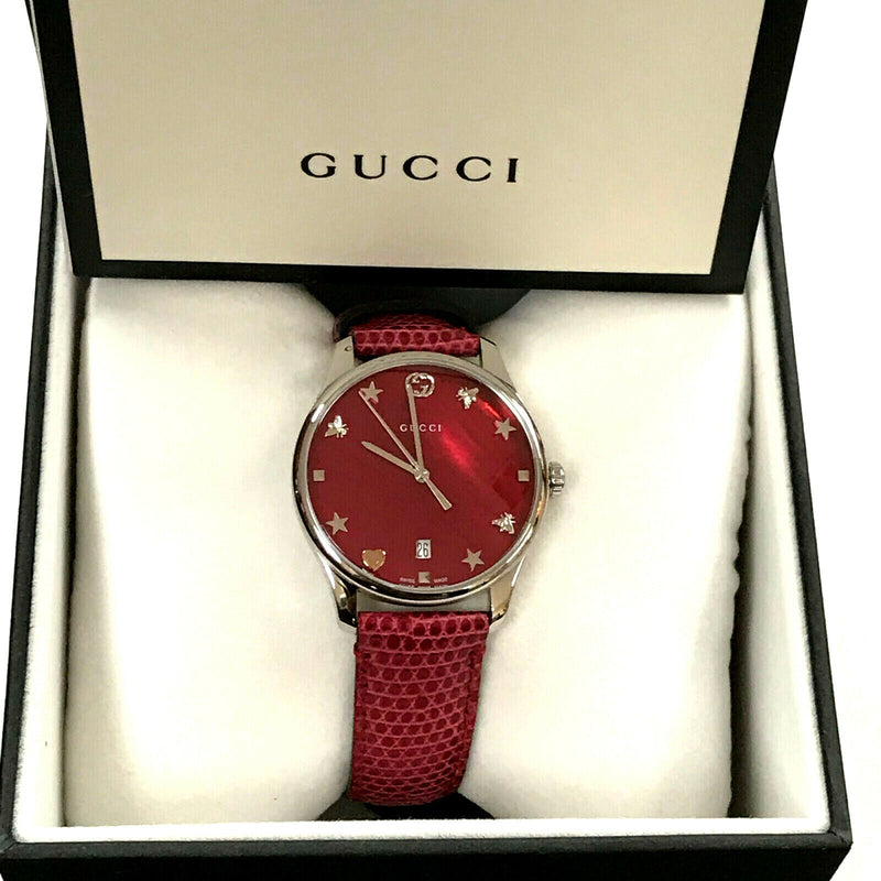 Gucci G-Timeless Mother of Pearl Red Dial Red Leather Strap Watch For Women - YA1264041 Buy Now By Gucci