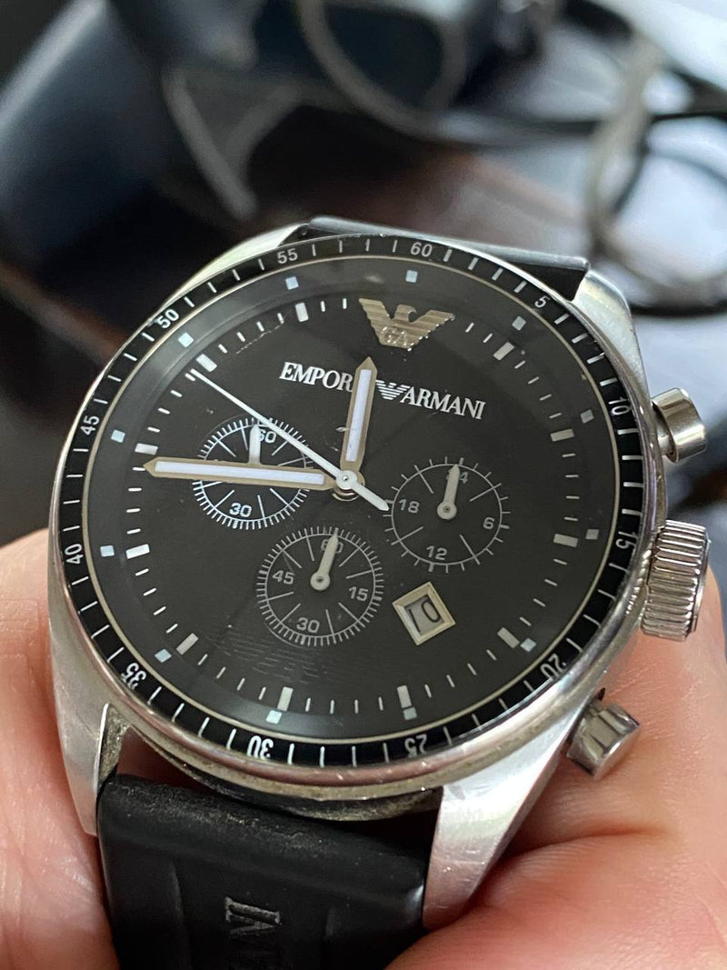 Emporio Armani Sportivo Chronograph Black Dial Black Rubber Strap Watch For Men - AR0527 Buy Now By Emporio Armani