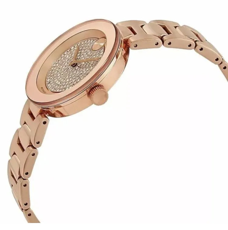 Shop Movado Bold Crystal Pave Rose Gold Dial Rose Gold Steel Strap Watch For Women - 3600493 in USA