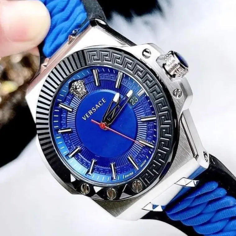 Versace Chain Reaction Quartz Blue Dial Blue & Black Leather Strap Watch for Men - VEDY00119 Buy Now By Versace