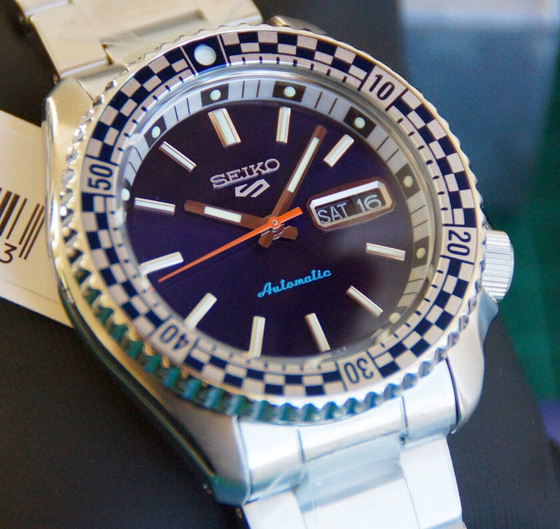 Seiko 5 Sports Petrol Blue Checker Flag Special Edition Blue Dial Silver Steel Strap Watch For Men - SRPK65K1 Buy Now By Seiko