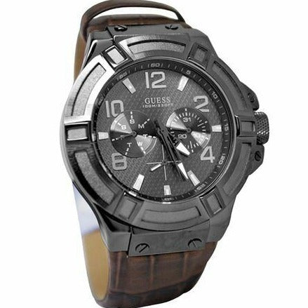 Guess Rigor Analog Quartz Black Dial Brown Leather Strap Watch For Men - W0040G2 Buy Now By Guess