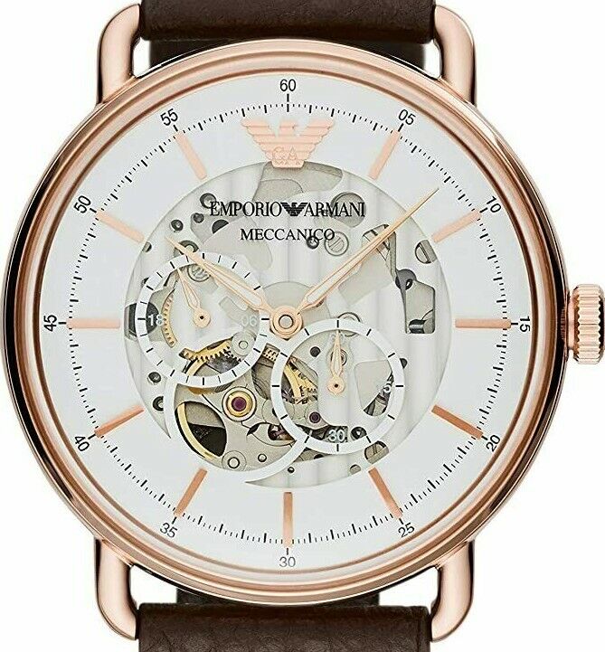 Emporio Armani Meccanico Automatic White Dial Brown Leather Strap Watch For Men - AR60027 Buy Now By Emporio Armani