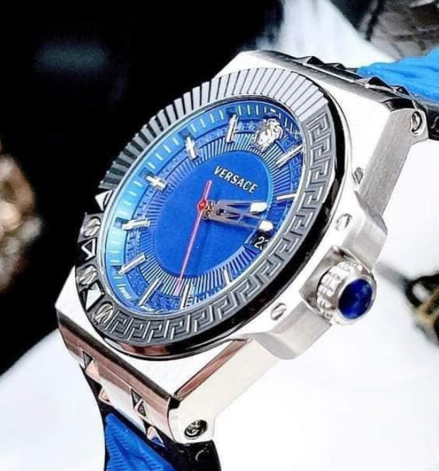 Versace Chain Reaction Quartz Blue Dial Blue & Black Leather Strap Watch for Men - VEDY00119 Buy Now By Versace