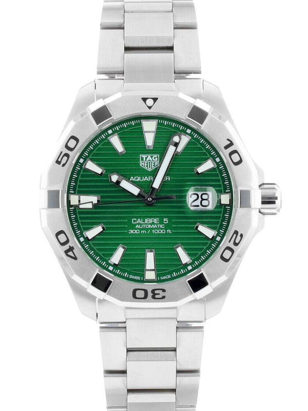 Shop Tag Heuer Aquaracer Calibre 5 Automatic Green Dial Silver Steel Strap Watch for Men - WAY2015.BA0927 in USA