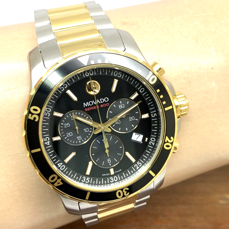 Shop Movado Series 800 Chronograph Black Dial Two Tone Steel Strap Watch For Men - 2600146 in USA
