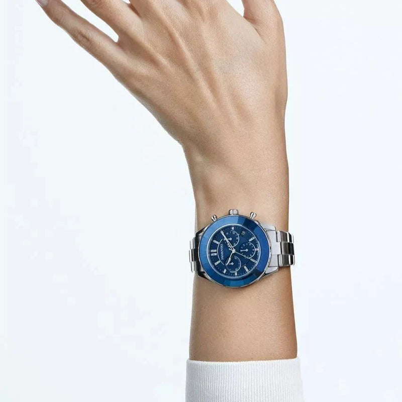 Shop Swarovski Octea Lux Sport Chronograph Blue Dial Silver Steel Strap Watch for Women - 5610481 in USA