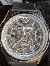 Emporio Armani Meccanico White Skeleton Dial Black Leather Strap Watch For Men - AR60003 Buy Now By Emporio Armani