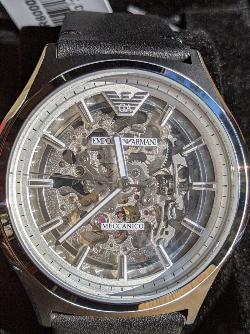 Emporio Armani Meccanico White Skeleton Dial Black Leather Strap Watch For Men - AR60003 Buy Now By Emporio Armani