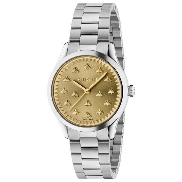 Shop Gucci G Timeless Quartz Gold Dial Silver Steel Strap Watch for Women - YA1265035 in USA