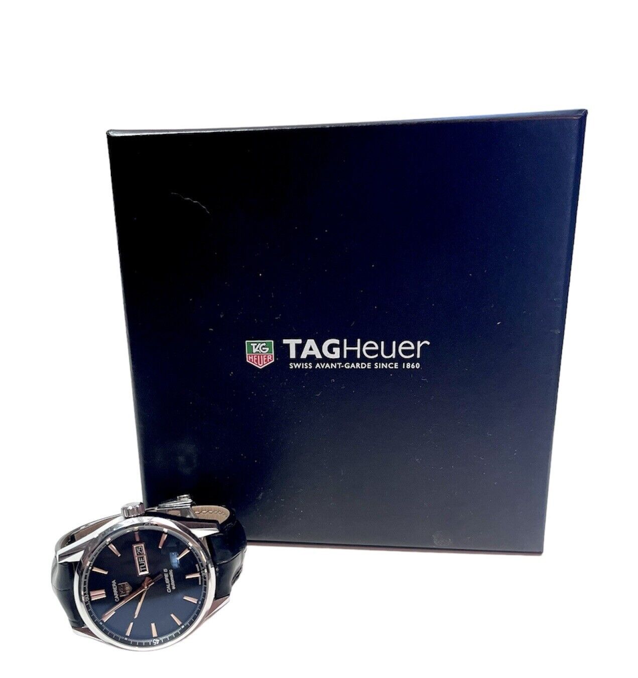Tag Heuer Carrera Calibre 5 Automatic Black Dial Black Leather Strap Watch for Men - WAR201C.FC6266