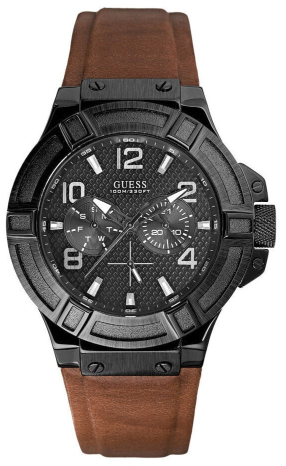 Shop Guess Rigor Analog Black Dial Brown Leather Strap Watch For Men - W0040G8 in USA
