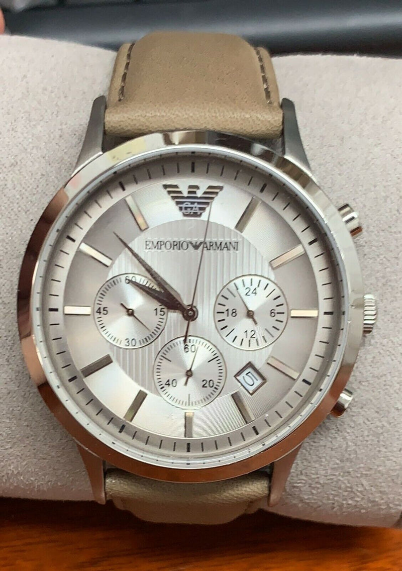 Emporio Armani Classic Chronograph Silver Dial Brown Leather Strap Watch For Men - AR2471 Buy Now By Emporio Armani