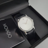Movado Museum Quartz Silver Dial Black Leather Strap Watch For Men - 2100001