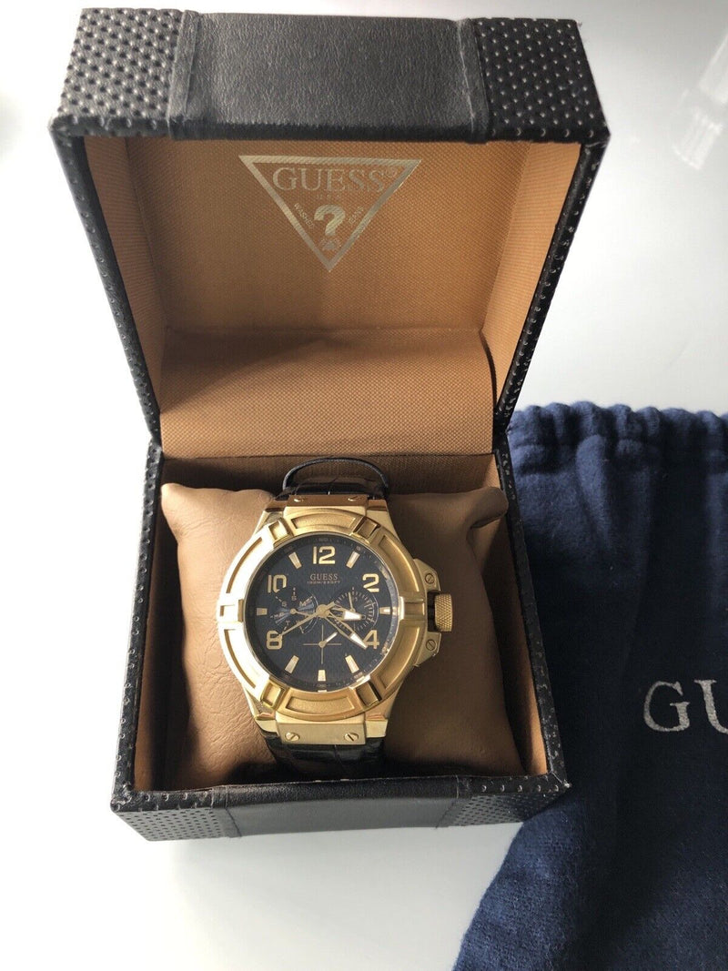 Guess Rigor Analog Black Dial Black Leather Strap Watch For Men - W0040G4 Buy Now By Guess