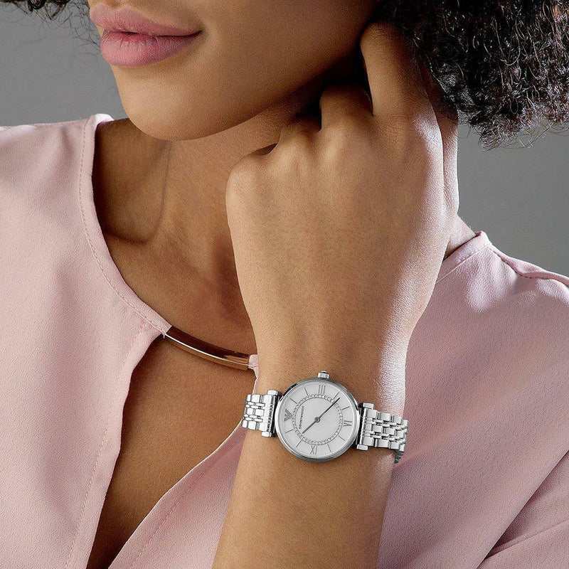 Emporio Armani Gianni T-Bar Mother of Pearl Dial Silver Stainless Steel Watch For Women - AR1908 Buy Now By Emporio Armani