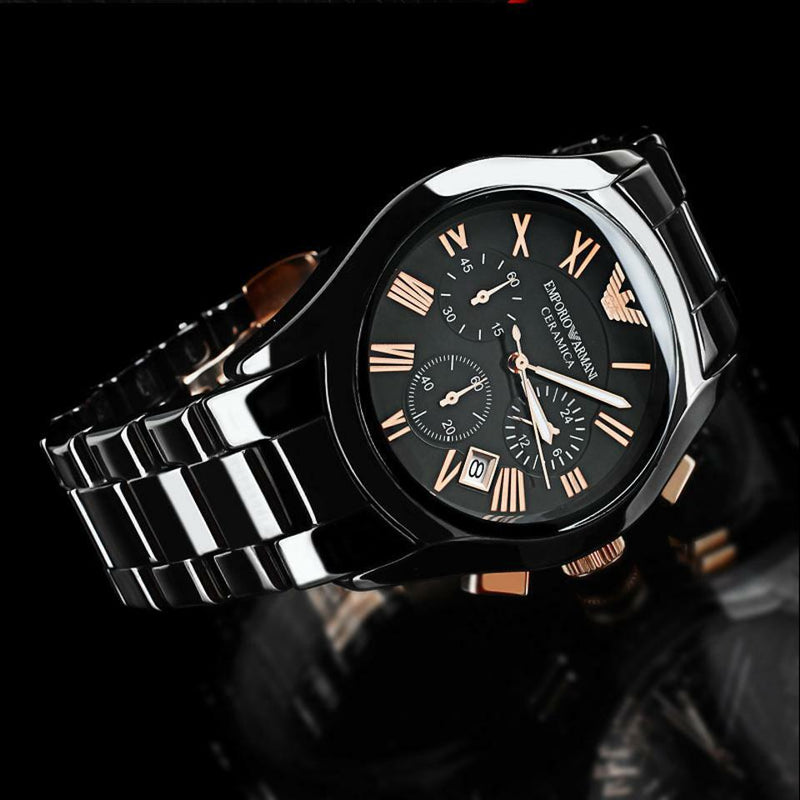 Emporio Armani Valente Ceramica Chronograph Black Dial Black Steel Strap Watch For Men - AR1410 Buy Now By Emporio Armani