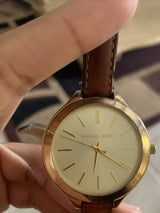 Michael Kors Runway Gold Dial Brown Leather Strap Watch For Women - MK2256