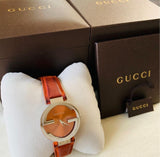 Shop Gucci Interlocking G Quartz Orange Dial Orange Leather Strap Watch For Women - YA133316 in USA