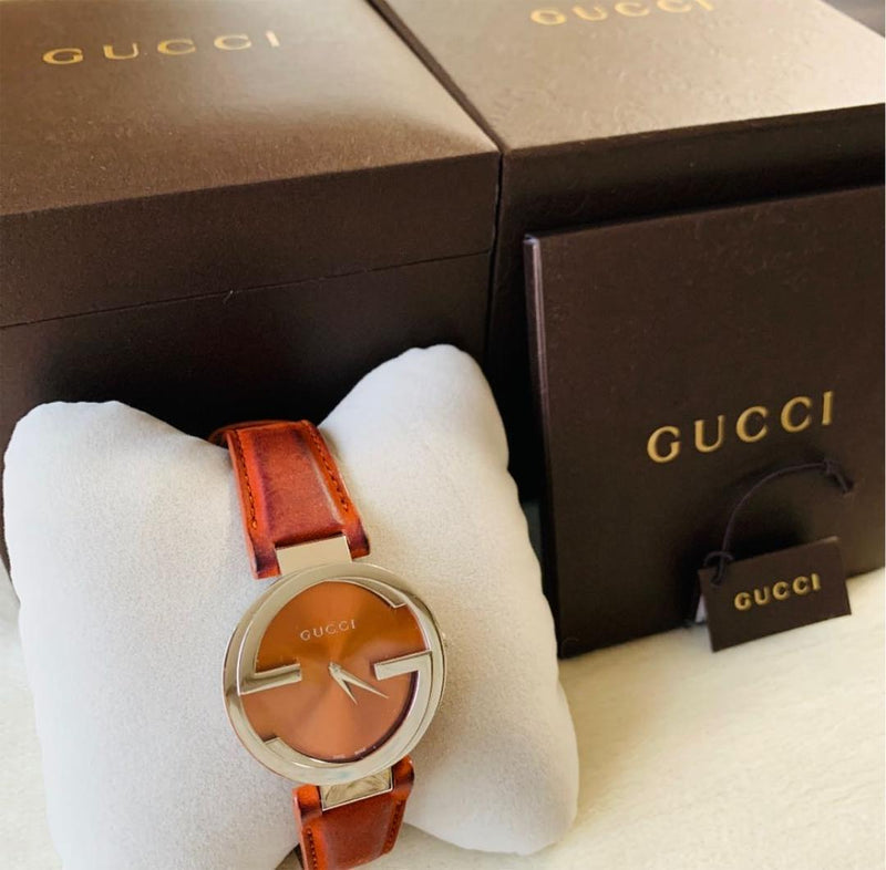 Shop Gucci Interlocking G Quartz Orange Dial Orange Leather Strap Watch For Women - YA133316 in USA