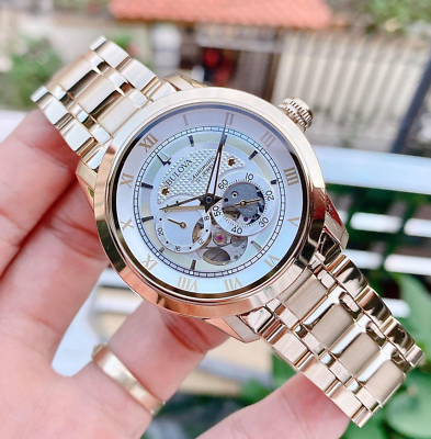 Bulova BVA Skeleton Silver Dial Gold Steel Strap Watch for Men - 97A108 Buy Now By Bulova