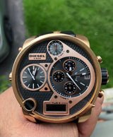 Diesel Big Daddy Gold & Black Dial Black Leather Strap Watch For Men - DZ7261 Buy Now By Diesel
