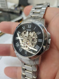 Fossil Grant Skeleton Black Dial Silver Steel Strap Watch for Men - ME3055