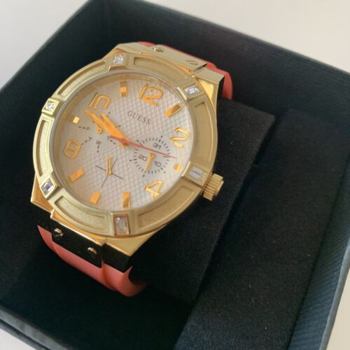 Guess Jet Setter Golden Dial Orange Rubber Watch For Women - W0564L2 Buy Now By Guess