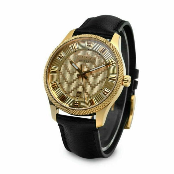 Shop Gucci Eryx Automatic Chevron Gold Dial Black Leather Strap Watch For Men - YA126340 in USA