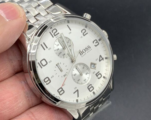 Hugo Boss Aeroliner Chronograph White Dial Silver Steel Strap Watch For Men - 1512445 Buy Now By Hugo Boss