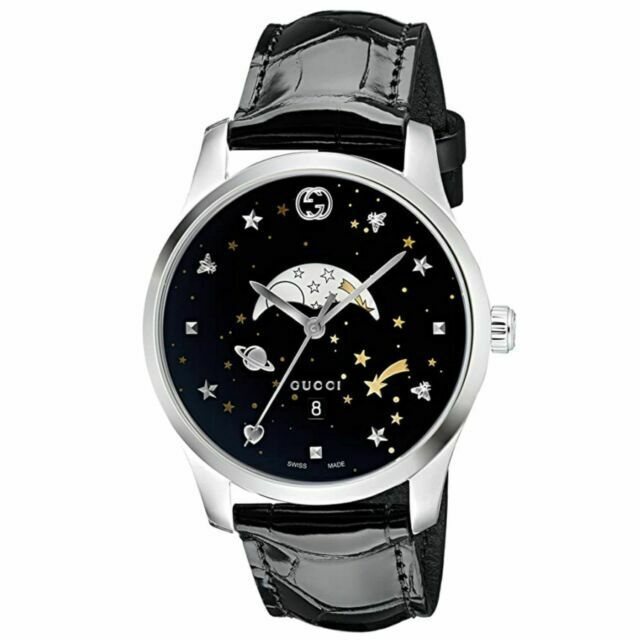 Shop Gucci G-Timeless Moonphase Black Dial Black Leather Strap Watch For Men - YA126327 in USA