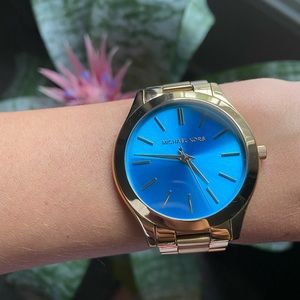 Michael Kors Slim Runway Blue Dial Gold Steel Strap Watch for Women - MK3265 Buy Now By Michael Kors