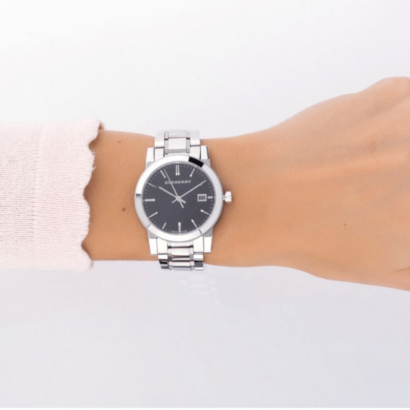 Shop Burberry The City Black Dial Silver Steel Strap Watch for Women - BU9101 in USA