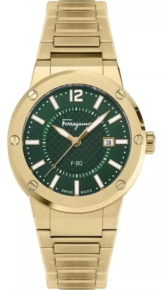 Shop Salvatore Ferragamo F-80 Green Dial Gold Steel Strap Watch for Men - SFHY02921 in USA