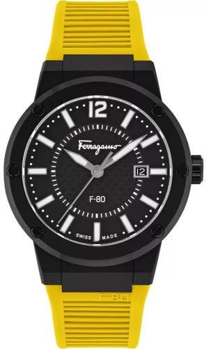 Salvatore Ferragamo F-80 Classic Black Dial Yellow Rubber Strap Watch for Men - SFHY01522