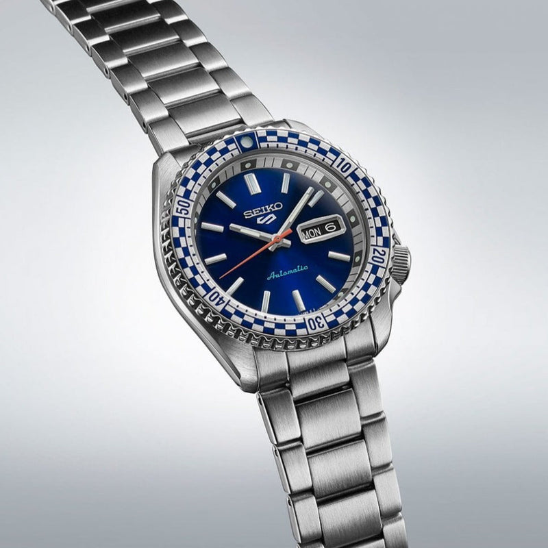 Seiko 5 Sports Petrol Blue Checker Flag Special Edition Blue Dial Silver Steel Strap Watch For Men - SRPK65K1 Buy Now By Seiko